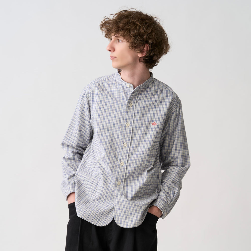 Men's Brushed Twill Band Collar Shirt - Check