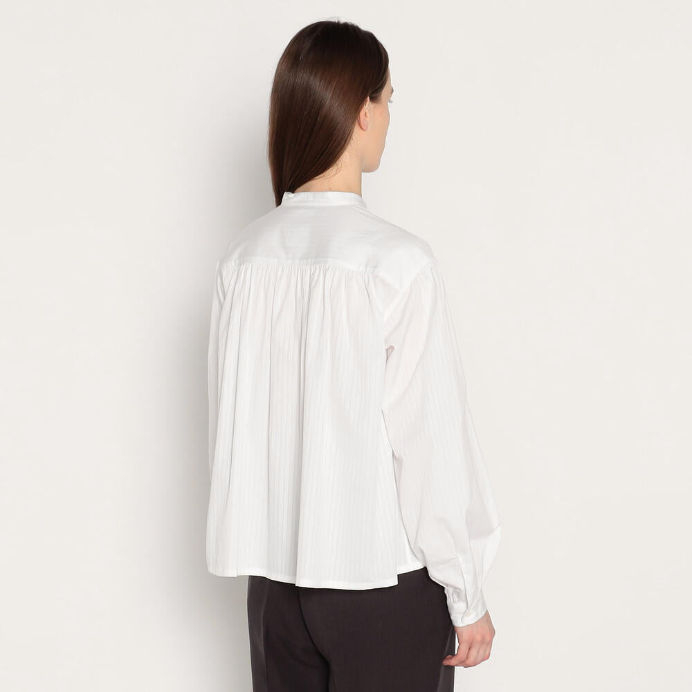 WOMEN'S DOBBY STRIPE BAND COLLAR GATHERED SHIRT