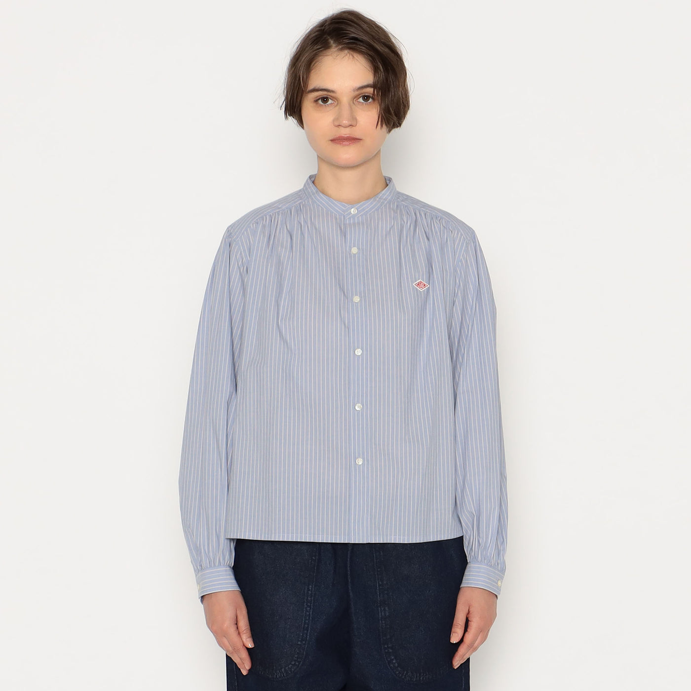 WOMEN'S GATHERED BAND COLLAR SHIRT STRIPE