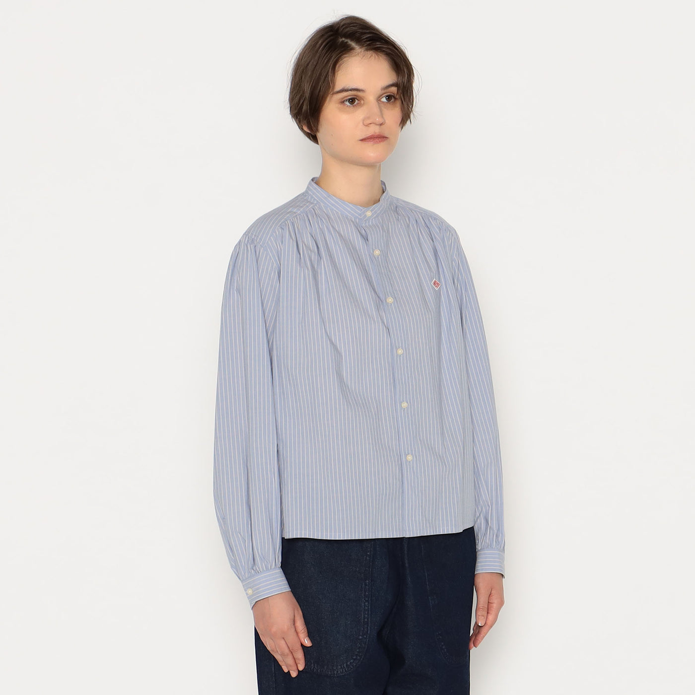 WOMEN'S GATHERED BAND COLLAR SHIRT STRIPE