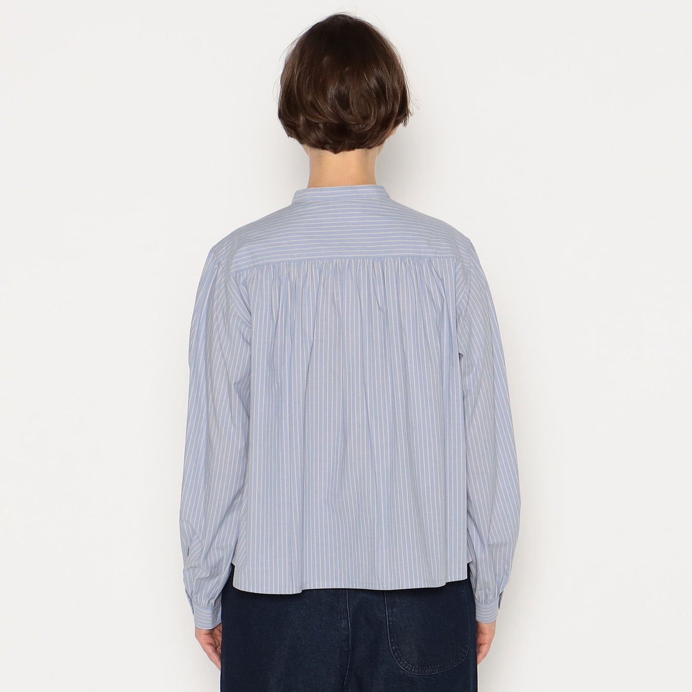 WOMEN'S GATHERED BAND COLLAR SHIRT STRIPE