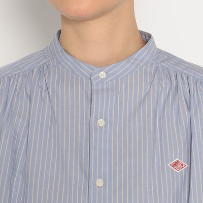 WOMEN'S GATHERED BAND COLLAR SHIRT STRIPE