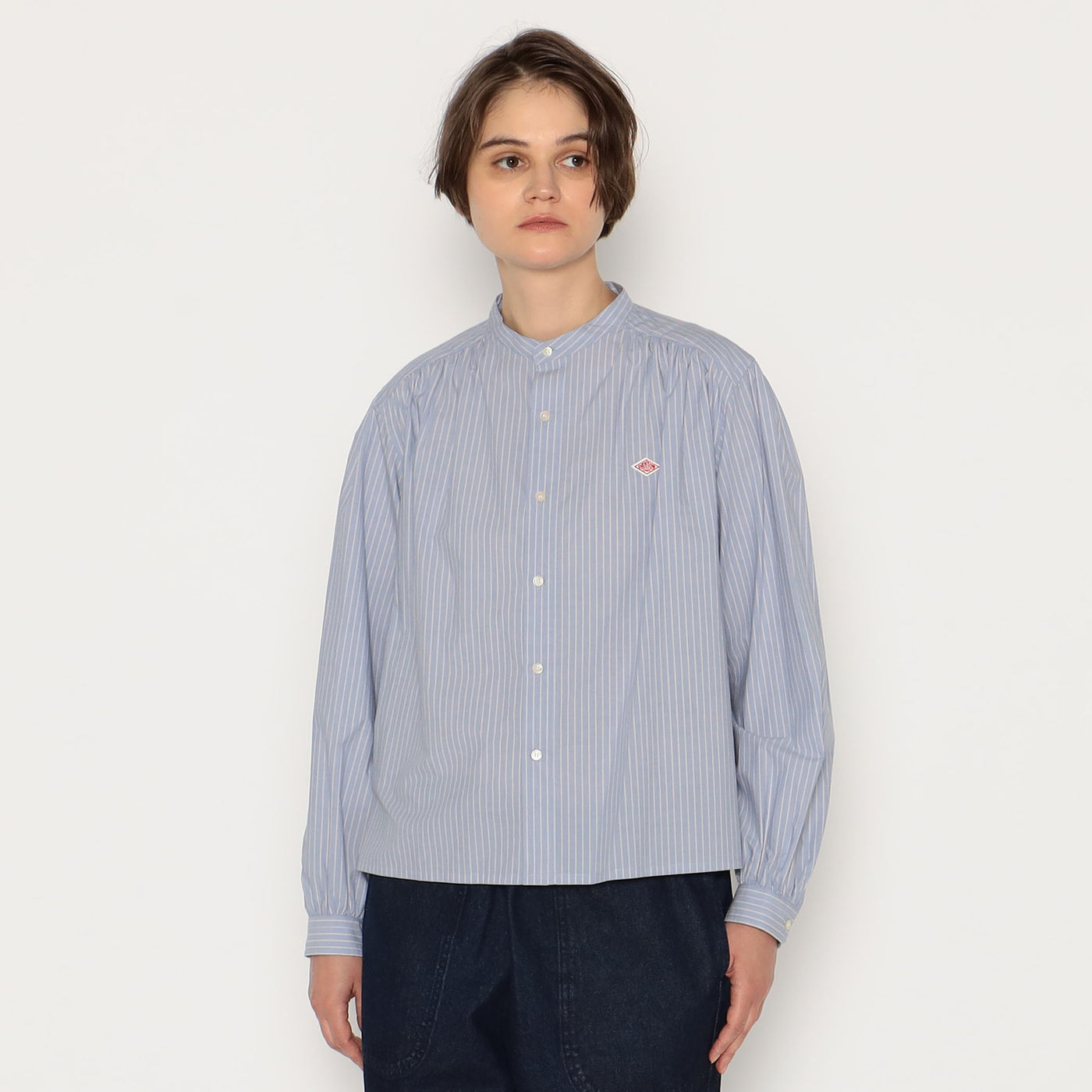 WOMEN'S GATHERED BAND COLLAR SHIRT STRIPE