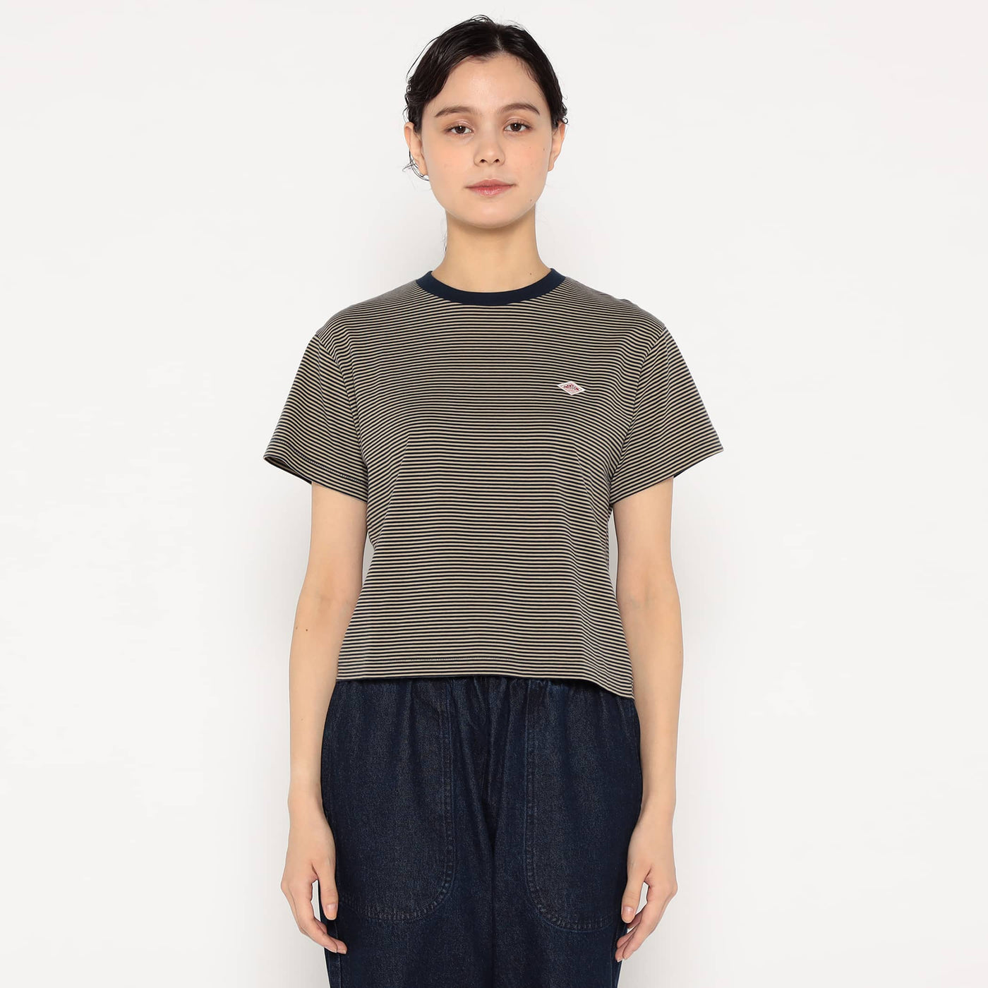 WOMEN'S SHORT SLEEVE SEMI CROP T-SHIRT STRIPE