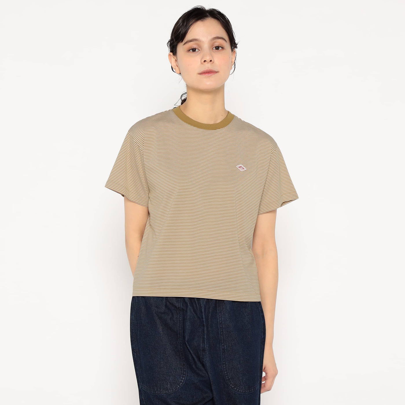 WOMEN'S SHORT SLEEVE SEMI CROP T-SHIRT STRIPE