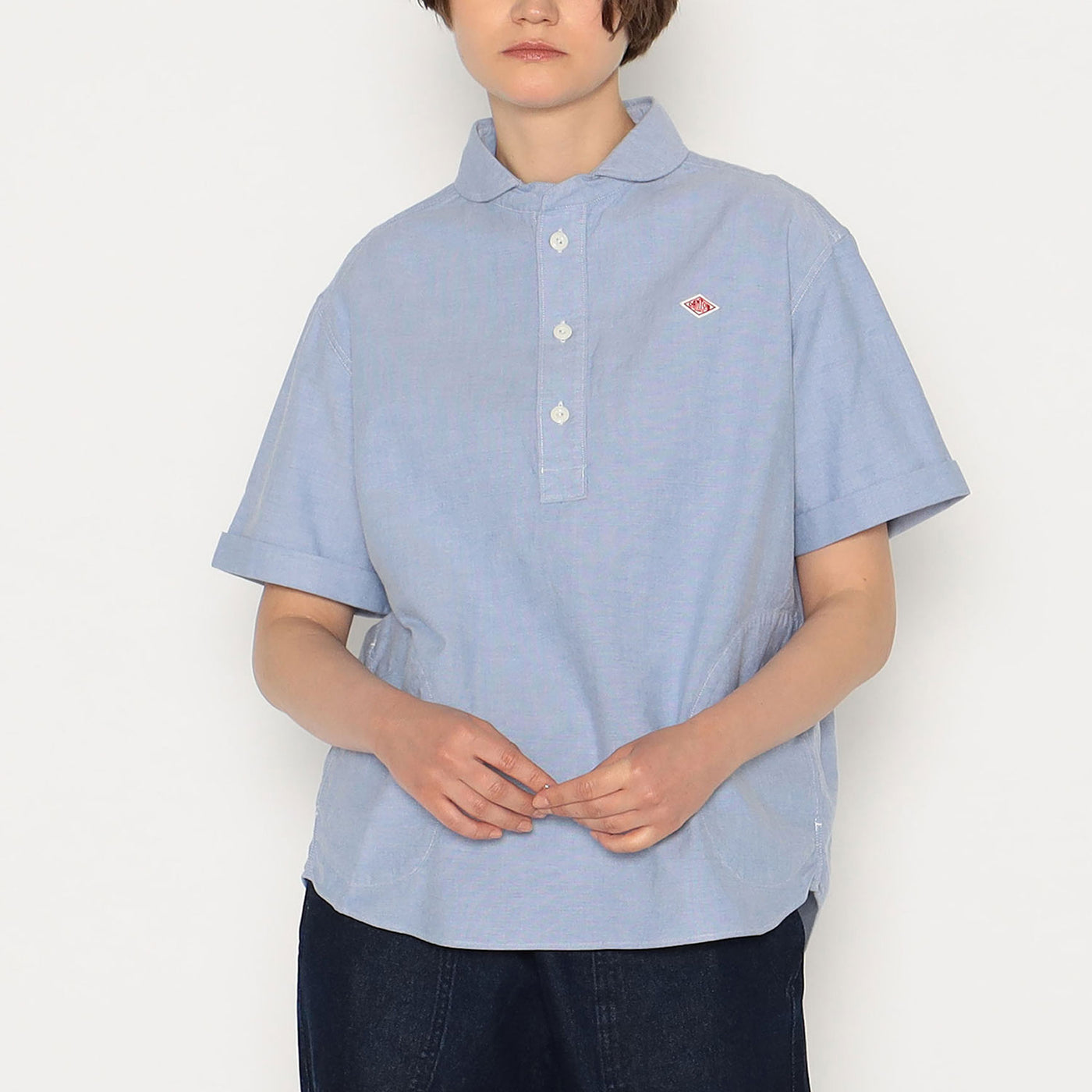 WOMEN'S OXFORD ROUND COLLAR SHORT SLEEVE PULLOVER SHIRT PLAIN
