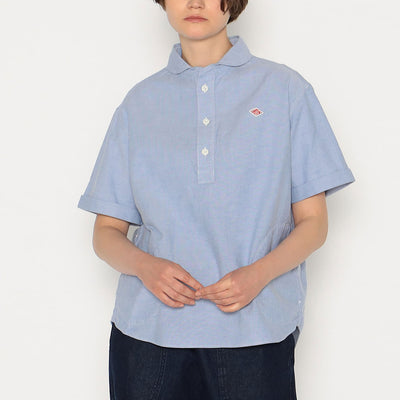 WOMEN'S OXFORD ROUND COLLAR SHORT SLEEVE PULLOVER SHIRT PLAIN