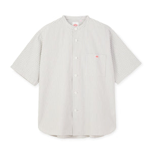 MEN'S COTTON LINEN SHORT SLEEVE BAND COLLAR SHIRT STRIPE