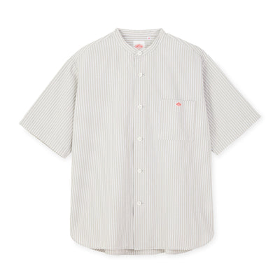 MEN'S COTTON LINEN SHORT SLEEVE BAND COLLAR SHIRT STRIPE