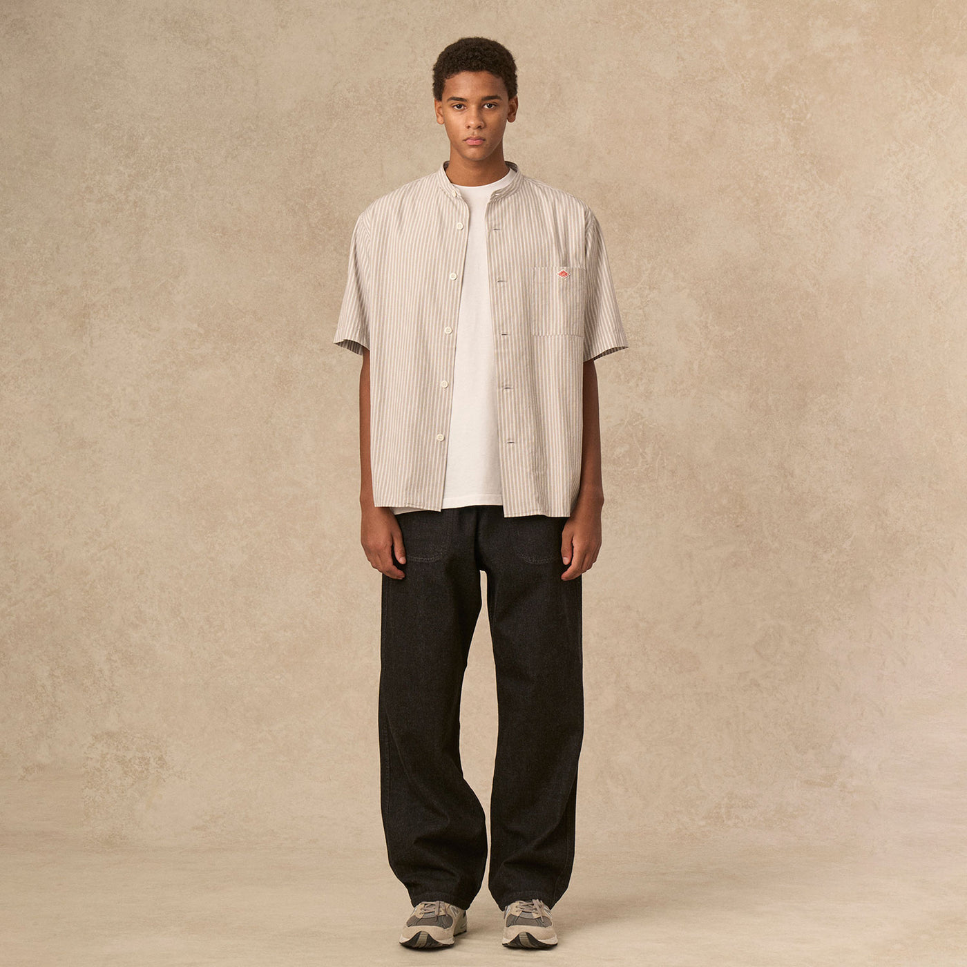 MEN'S COTTON LINEN SHORT SLEEVE BAND COLLAR SHIRT STRIPE