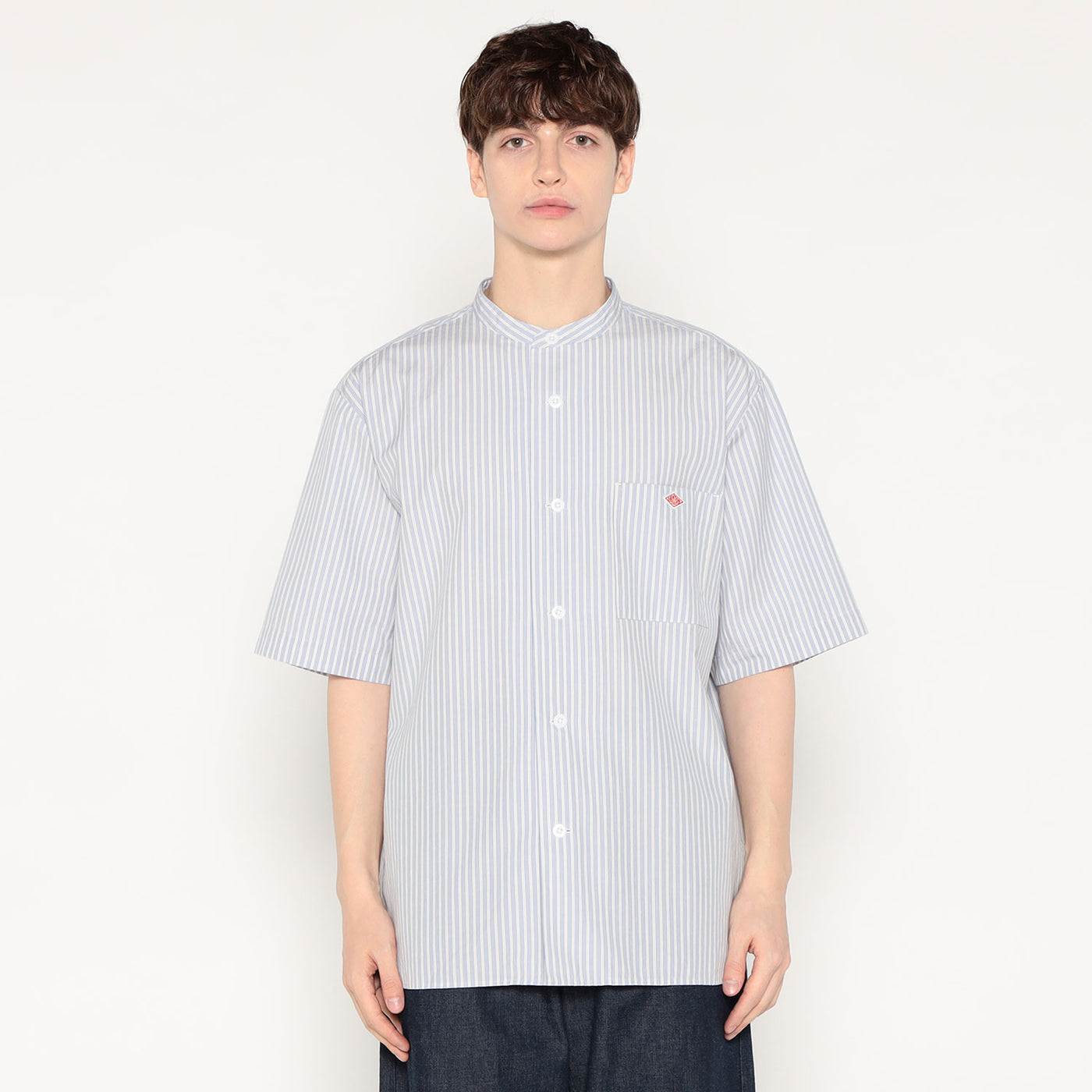 MEN'S COTTON LINEN SHORT SLEEVE BAND COLLAR SHIRT STRIPE