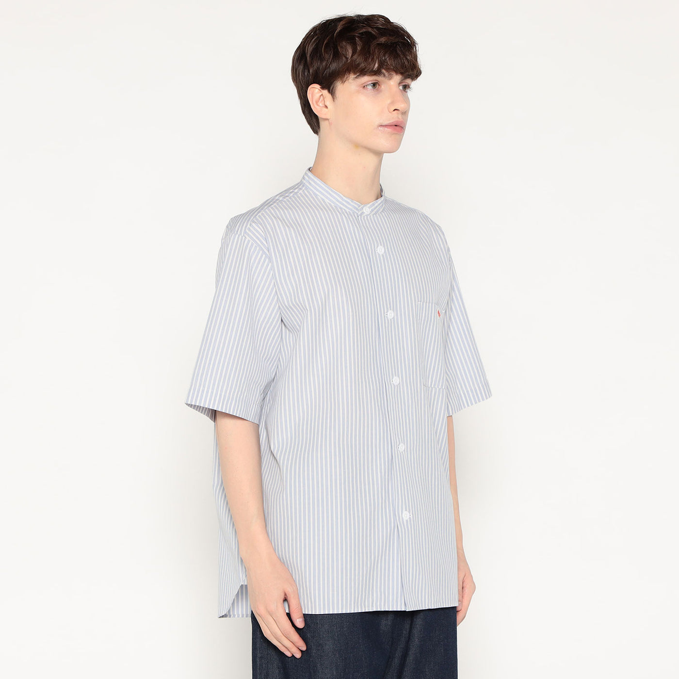 MEN'S COTTON LINEN SHORT SLEEVE BAND COLLAR SHIRT STRIPE