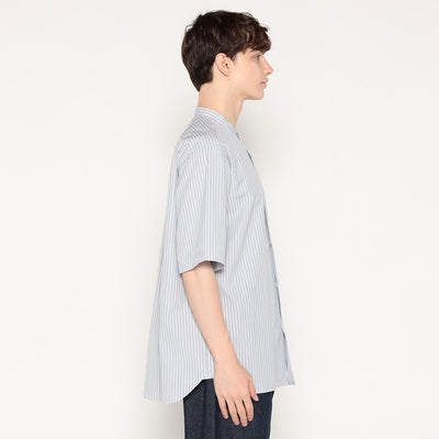 MEN'S COTTON LINEN SHORT SLEEVE BAND COLLAR SHIRT STRIPE