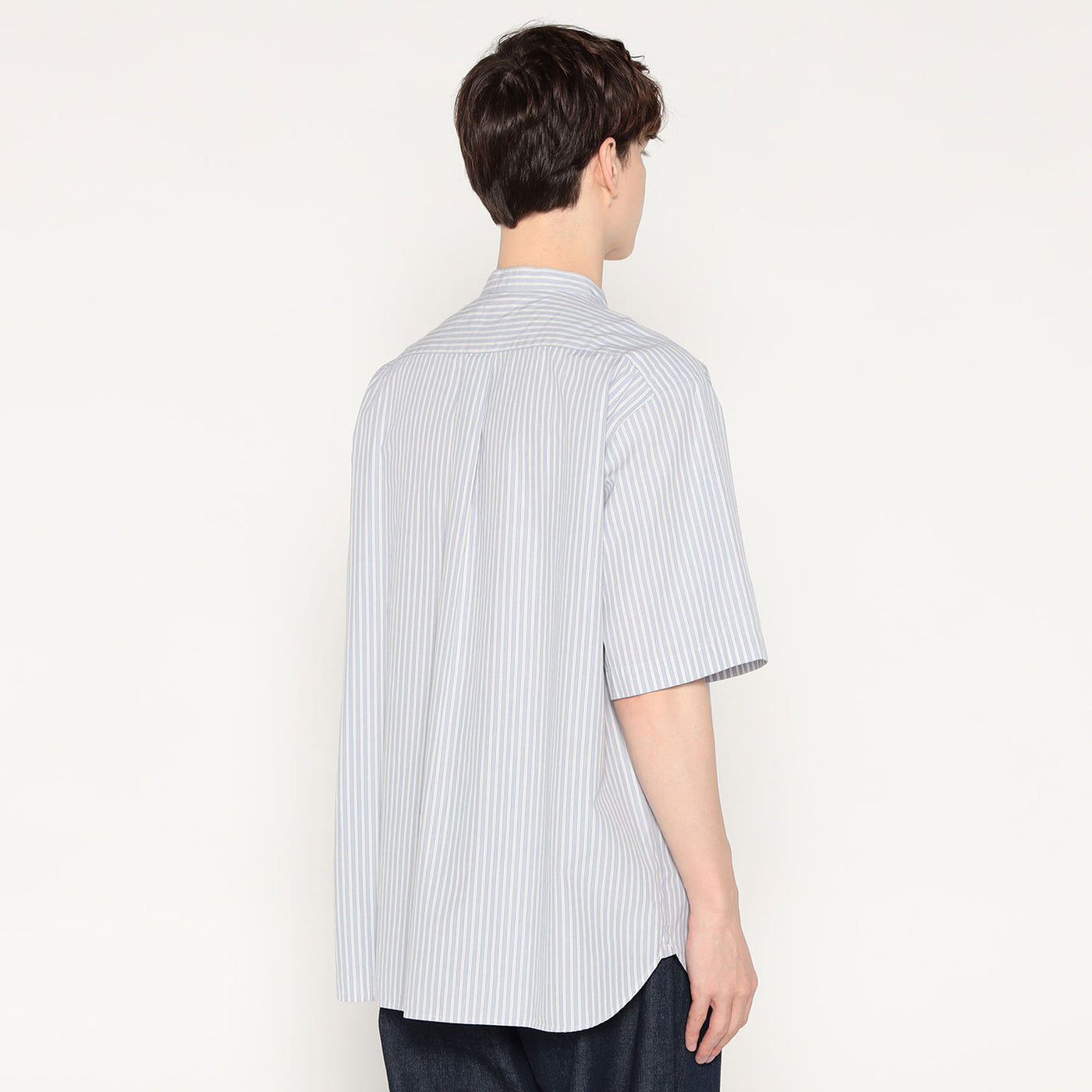 MEN'S COTTON LINEN SHORT SLEEVE BAND COLLAR SHIRT STRIPE