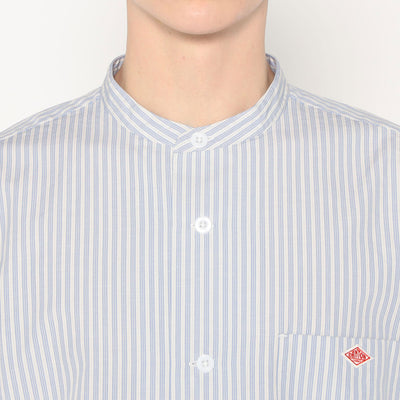 MEN'S COTTON LINEN SHORT SLEEVE BAND COLLAR SHIRT STRIPE