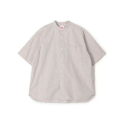 MEN'S COTTON LINEN SHORT SLEEVE BAND COLLAR SHIRT STRIPE