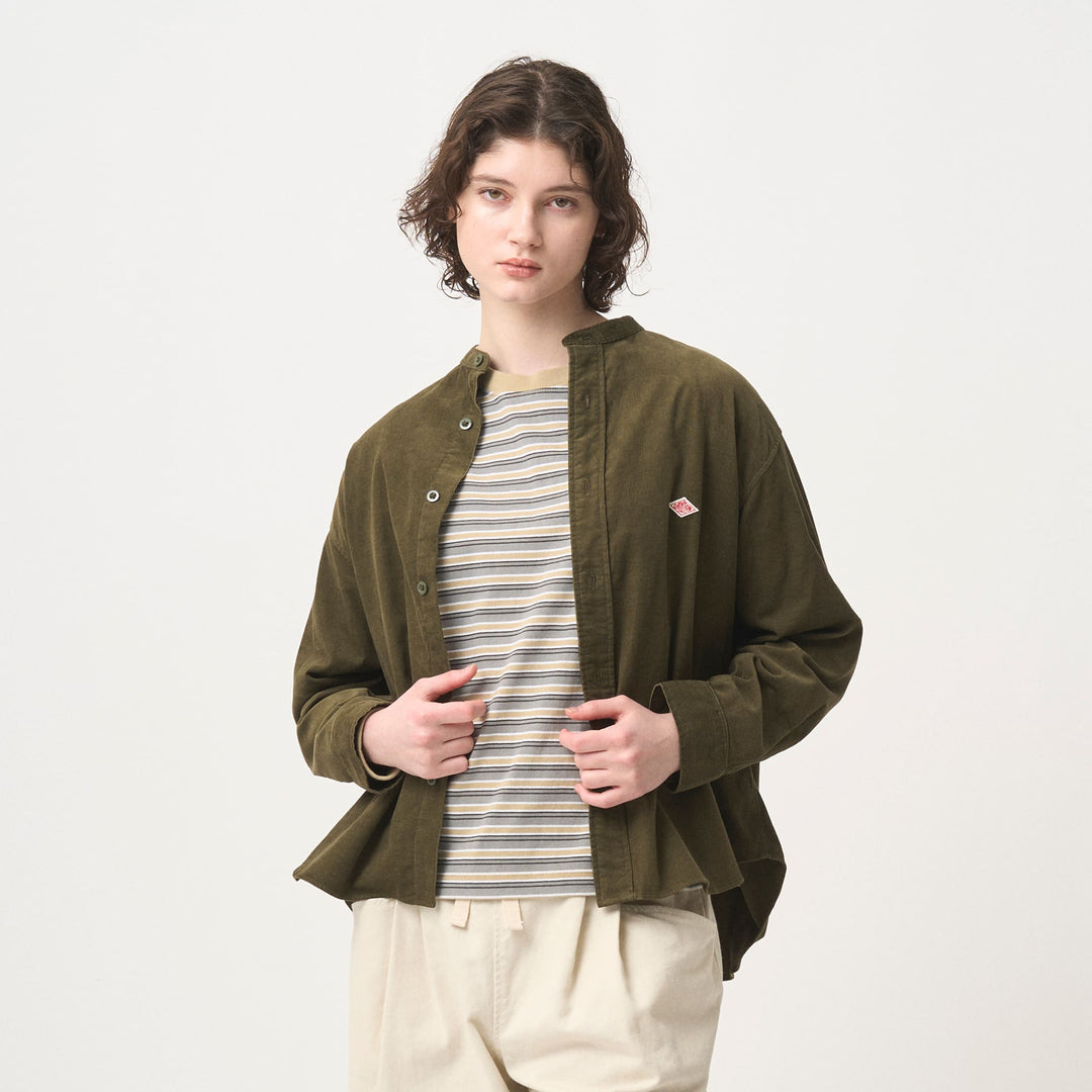 WOMEN'S CORDUROY BAND COLLAR SHIRT