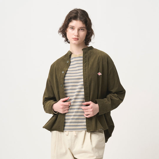 WOMEN'S CORDUROY BAND COLLAR SHIRT
