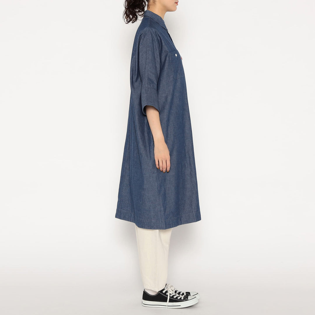 cotton work dress Midi Waxed Pinafore in Powder Blue calf length for all Women's Cotton Chambray Work Shirt