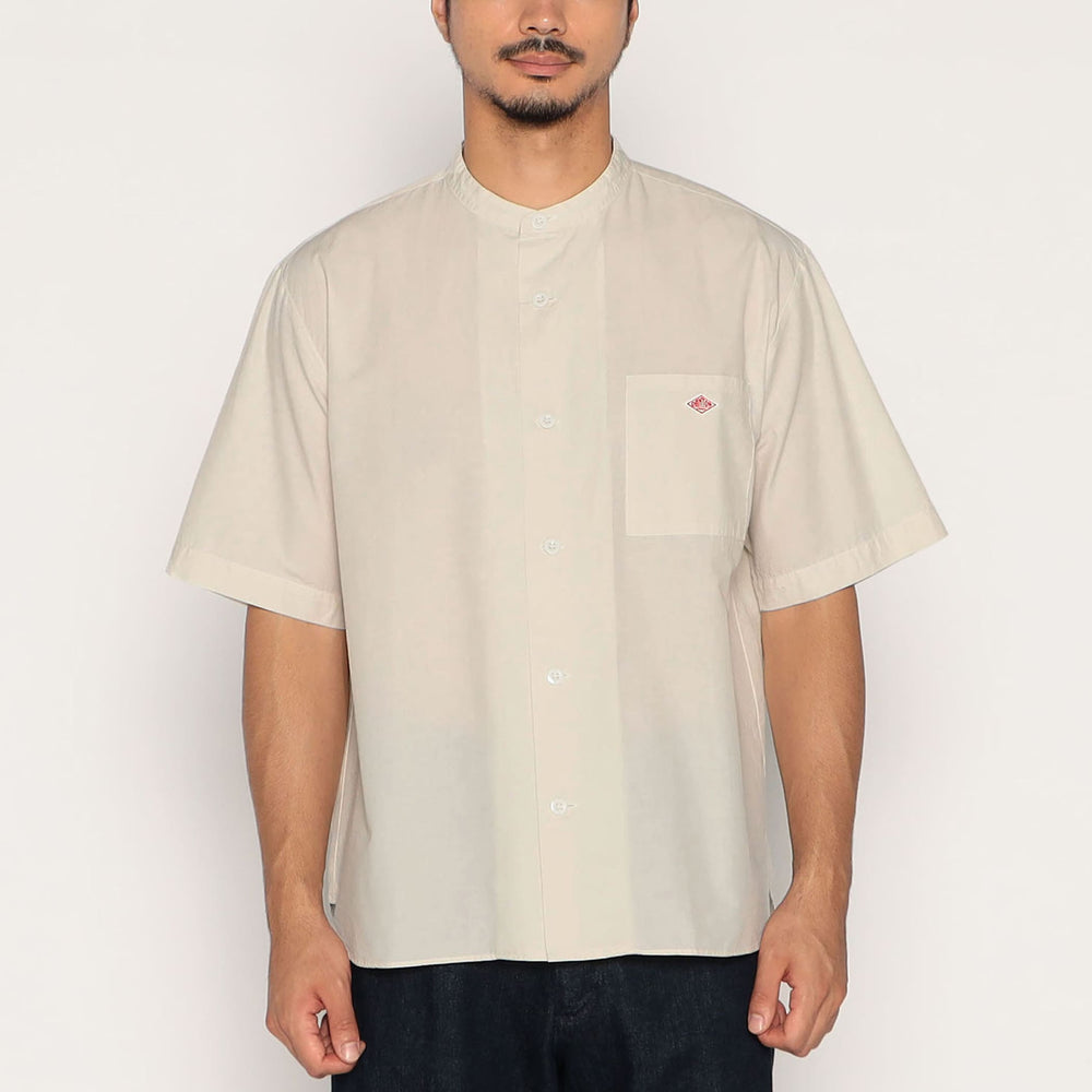 Men's Cotton Linen Short Sleeve Band Collar Shirt