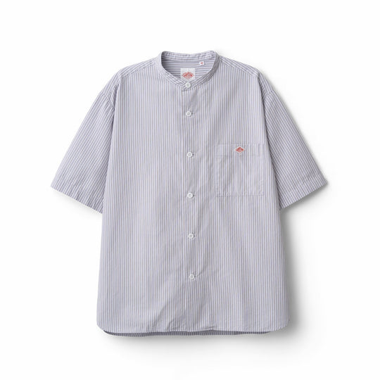 Men's Cotton Linen Short Sleeve Band Collar Shirt Stripe