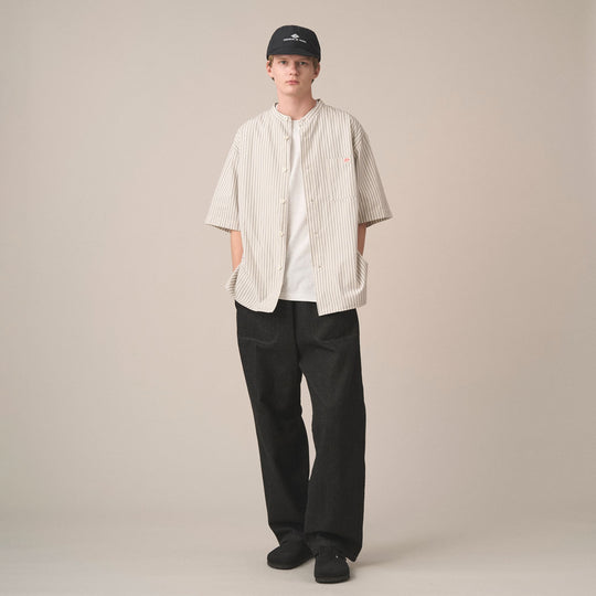 Men's Cotton Linen Short Sleeve Band Collar Shirt Stripe