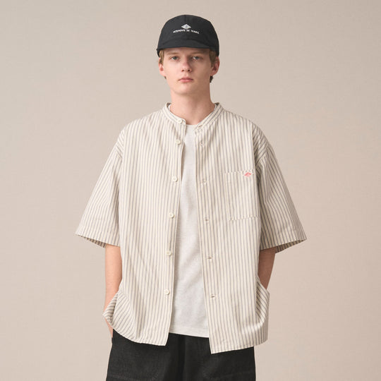 Men's Cotton Linen Short Sleeve Band Collar Shirt Stripe