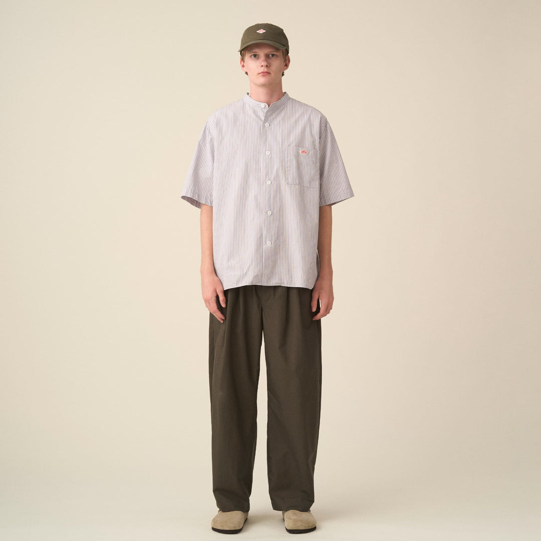 Men's Cotton Linen Short Sleeve Band Collar Shirt Stripe