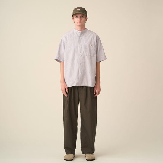 Men's Cotton Linen Short Sleeve Band Collar Shirt Stripe