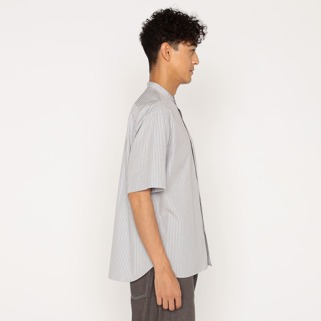 Men's Cotton Linen Short Sleeve Band Collar Shirt Stripe