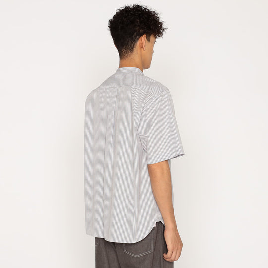 Men's Cotton Linen Short Sleeve Band Collar Shirt Stripe