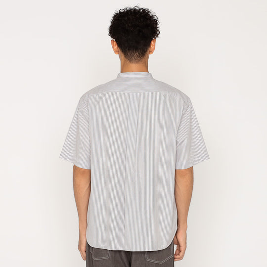 Men's Cotton Linen Short Sleeve Band Collar Shirt Stripe