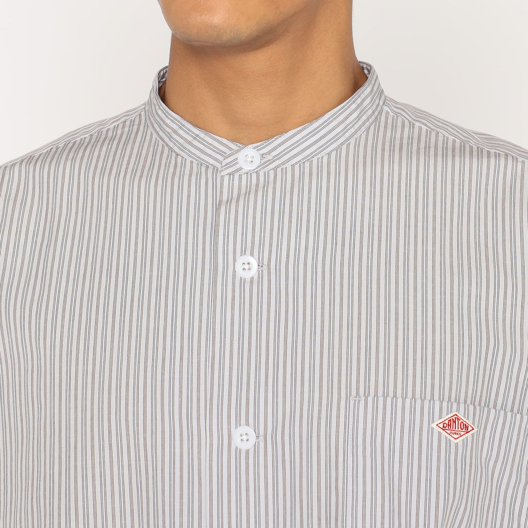 Men's Cotton Linen Short Sleeve Band Collar Shirt Stripe