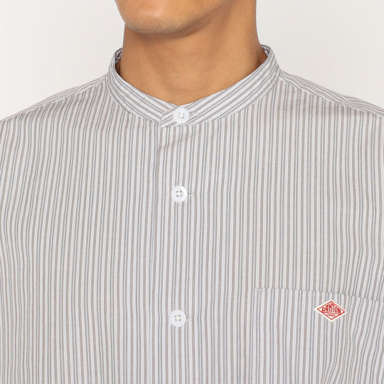 Men's Cotton Linen Short Sleeve Band Collar Shirt Stripe