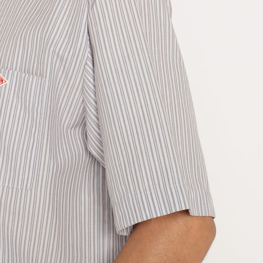 Men's Cotton Linen Short Sleeve Band Collar Shirt Stripe