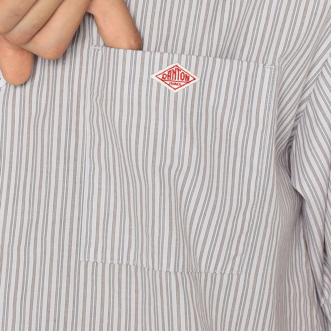 Men's Cotton Linen Short Sleeve Band Collar Shirt Stripe