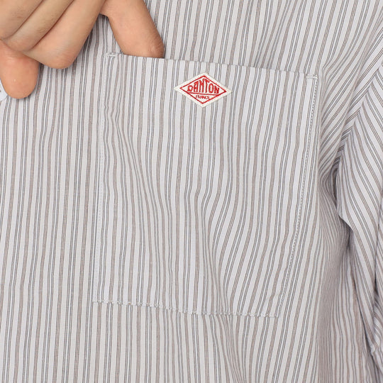 Men's Cotton Linen Short Sleeve Band Collar Shirt Stripe