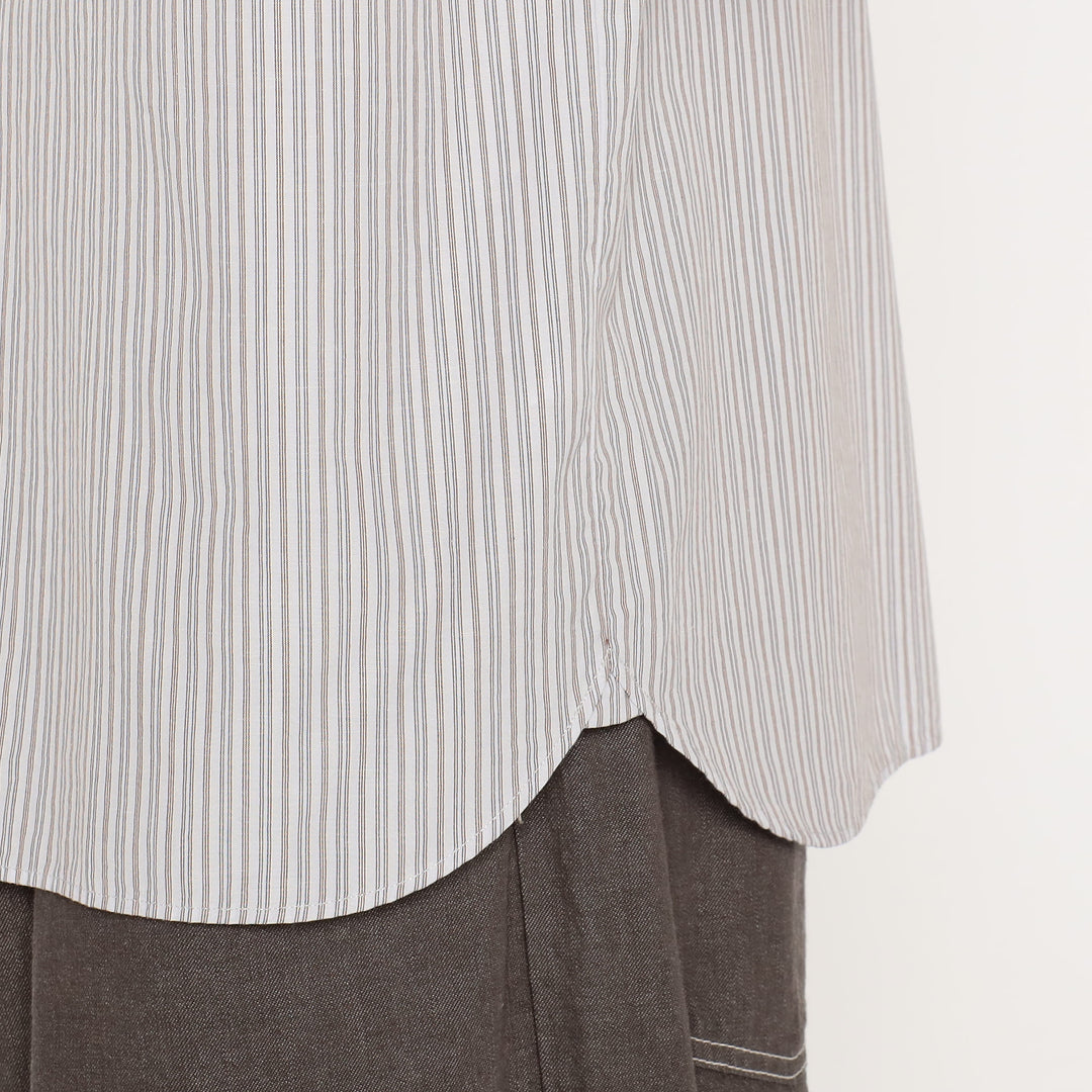 Men's Cotton Linen Short Sleeve Band Collar Shirt Stripe