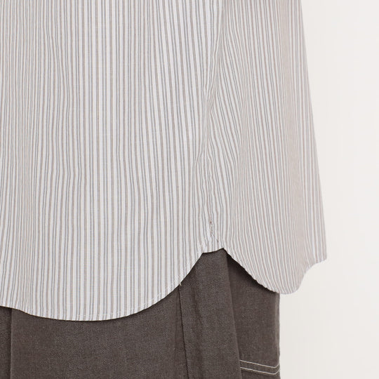 Men's Cotton Linen Short Sleeve Band Collar Shirt Stripe