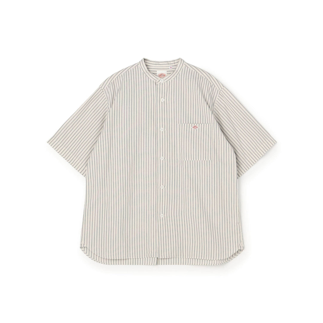 Men's Cotton Linen Short Sleeve Band Collar Shirt Stripe