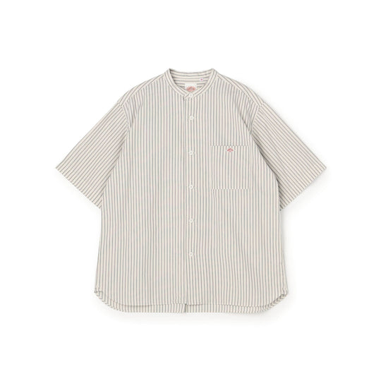 Men's Cotton Linen Short Sleeve Band Collar Shirt Stripe