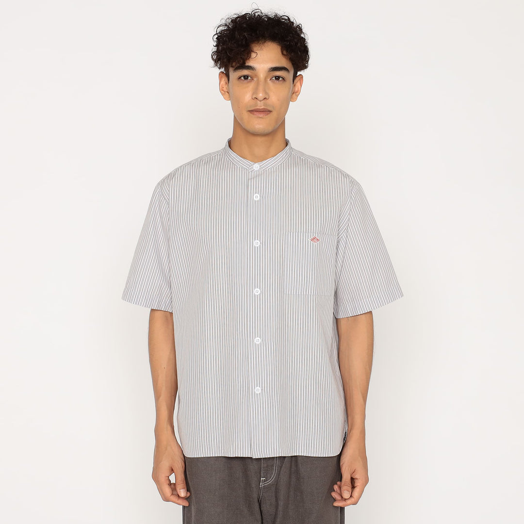 Men's Cotton Linen Short Sleeve Band Collar Shirt Stripe