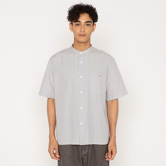 Men's Cotton Linen Short Sleeve Band Collar Shirt Stripe